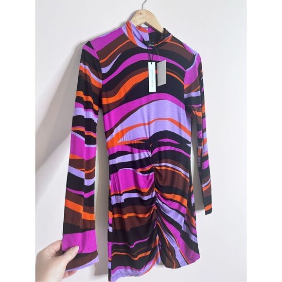 Sanctuary mock neck long sleeve 70s striped mini dress sz S - Picture 4 of 6